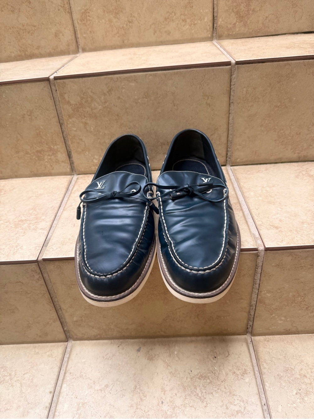 Louis Vuitton Men's Navy Blue Leather Moccasin Loafers with LV Hardware - Picture 2 of 10